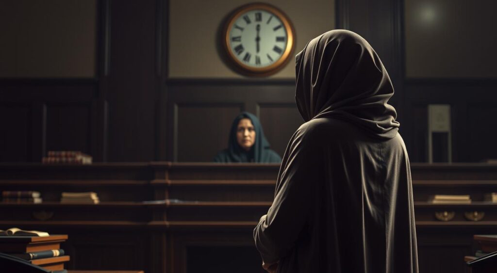 A courtroom scene with a woman in traditional Middle Eastern attire standing before a judge's bench. Soft lighting casts dramatic shadows, heightening the solemnity of the proceedings. The judge's gaze is stern, symbolizing the gravity of the legal process involving a "nashiz" woman. In the background, law books and an ornate clock add an air of authority. The woman's posture is defiant yet resigned, reflecting the complex emotions of navigating the legal system as a woman in this context. The overall atmosphere is one of somber contemplation, capturing the weight of the situation.