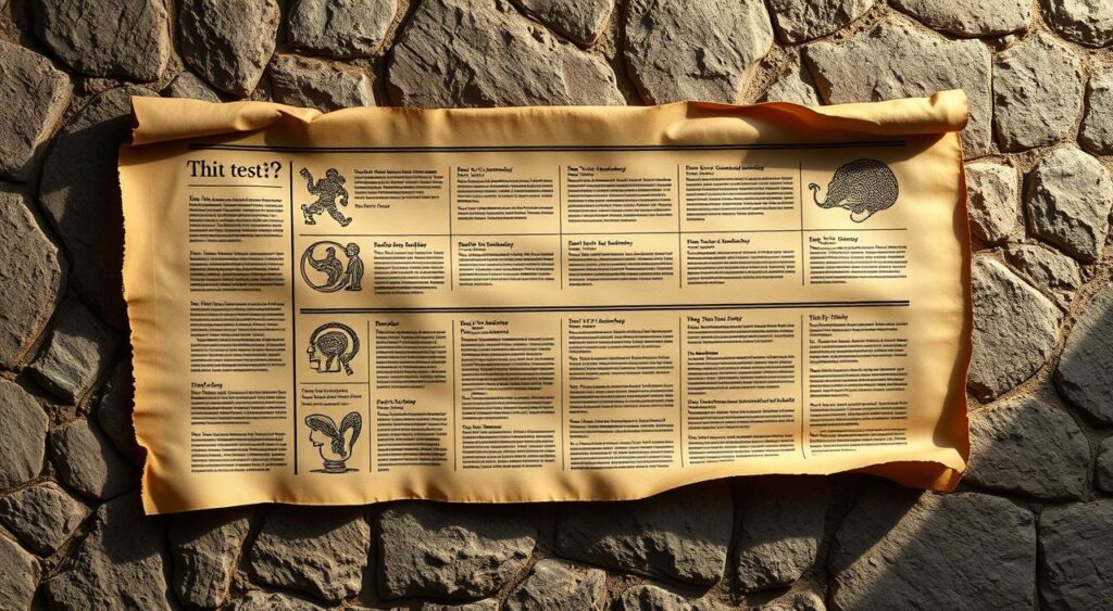 A detailed historical timeline of the development of the "shit test" concept, depicted as an ancient parchment scroll unfurling against a weathered stone backdrop. The scroll features intricate illustrations and calligraphic text chronicling the origins, evolution, and key milestones of this psychological assessment technique, rendered in a muted, earthy color palette suggestive of antiquity. Soft, raking light casts dramatic shadows, enhancing the scroll's tactile, aged appearance. The overall composition conveys a sense of scholarly gravitas and the weighty significance of this psychological phenomenon's historical foundations.