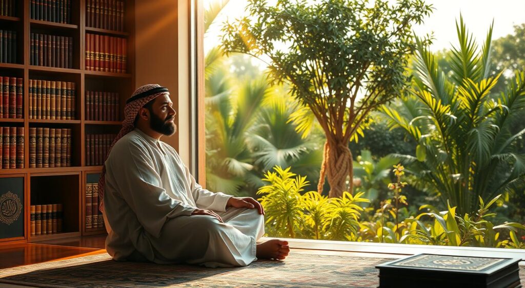 A serene and contemplative scene of an Arab man thoughtfully considering the nature of wealth and progeny. In the foreground, a figure seated cross-legged, garbed in traditional Middle Eastern robes, deep in introspection. Rays of warm afternoon sunlight filter through the windows, casting a soft, golden glow. In the middle ground, shelves brimming with ornate, leather-bound books allude to the pursuit of wisdom. The background depicts a lush, verdant garden, symbolizing the abundance that can flow from a generous spirit. The composition evokes a sense of tranquility and the profound interconnectedness of material and spiritual well-being.
