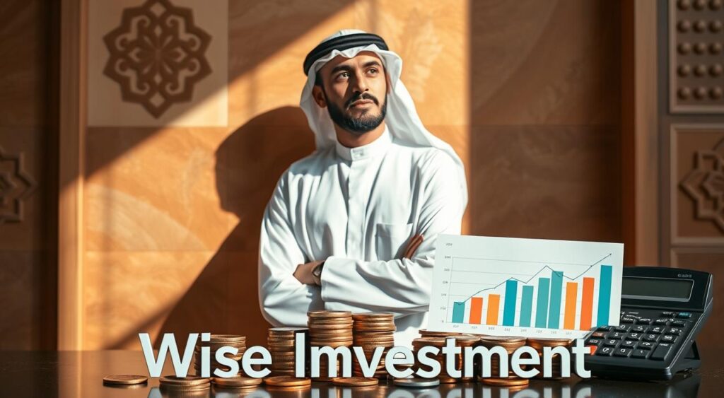 A serene and sophisticated Arabic gentleman, dressed in traditional attire, standing in a thoughtful pose against a backdrop of geometric patterns and warm, earthy tones. The lighting is soft and natural, casting gentle shadows that accentuate the subject's pensive expression. In the foreground, various financial instruments and symbols, such as coins, graphs, and calculator, suggest the theme of "Wise Investment." The overall composition conveys a sense of balance, wisdom, and the pursuit of financial prudence.