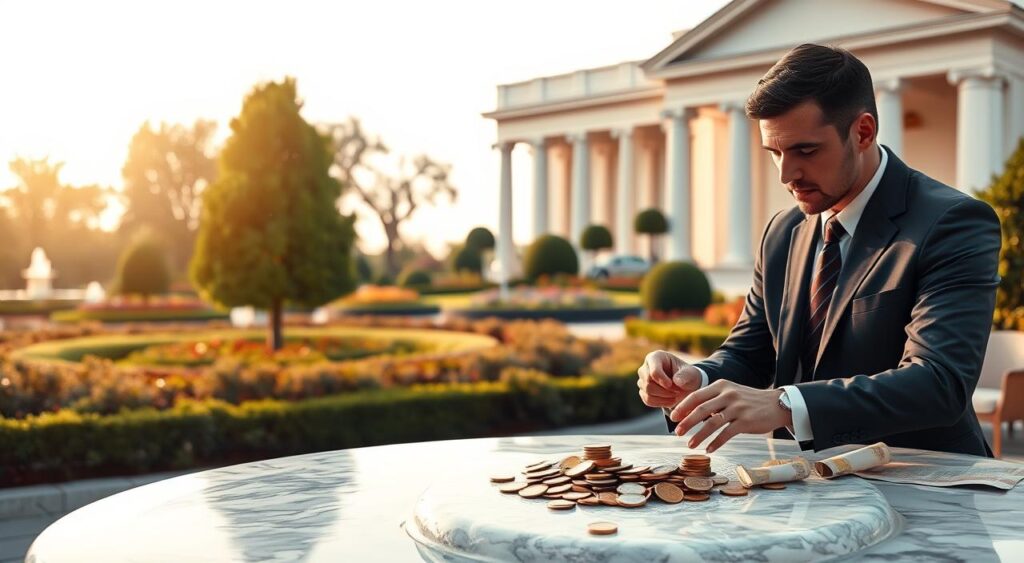 A serene and tranquil financial landscape, with a marble fountain at the center, its waters cascading gently. In the foreground, a well-dressed businessman carefully arranges coins and currency, his expression one of thoughtful concentration. The middle ground features a lush, manicured garden with ornamental shrubs and trees, symbolizing the steady growth of wealth. The background showcases a grand, neoclassical-style building, its columns and arches a testament to the enduring nature of prudent investment. Soft, diffused lighting casts a warm, golden glow over the scene, creating an atmosphere of stability and wisdom. The overall composition conveys a sense of measured, intelligent wealth management.
