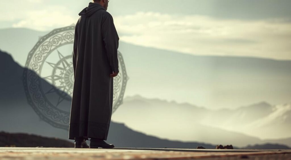 A serene, contemplative scene depicting the duties and responsibilities of a guardian in Islamic tradition. In the foreground, a figure clad in traditional robes, standing tall with a sense of purpose, representing the guardian's role. Surrounding them, intricate patterns and calligraphic elements evoke the spiritual and cultural aspects of the concept of guardianship. In the background, a softly lit, abstract landscape, hinting at the broader context of the guardian's place within the Islamic faith. Subtle lighting and muted colors create an atmosphere of gravity and reverence, reflecting the weight of the guardian's obligations. Careful composition and attention to detail bring this pivotal Islamic concept to life through a visually compelling and contemplative image.