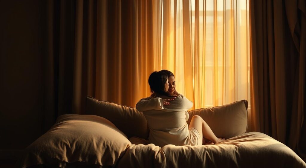 A serene, dimly lit room with warm, golden lighting filtering through sheer curtains. Two figures, a man and a woman, sit facing each other on plush, neutral-toned cushions, their expressions calm and open. They lean towards each other, their bodies language conveying trust and understanding. The atmosphere is one of quiet intimacy, as if they are engaged in a thoughtful, meaningful dialogue. The scene evokes a sense of mutual respect, vulnerability, and the gradual building of trust between the two individuals.