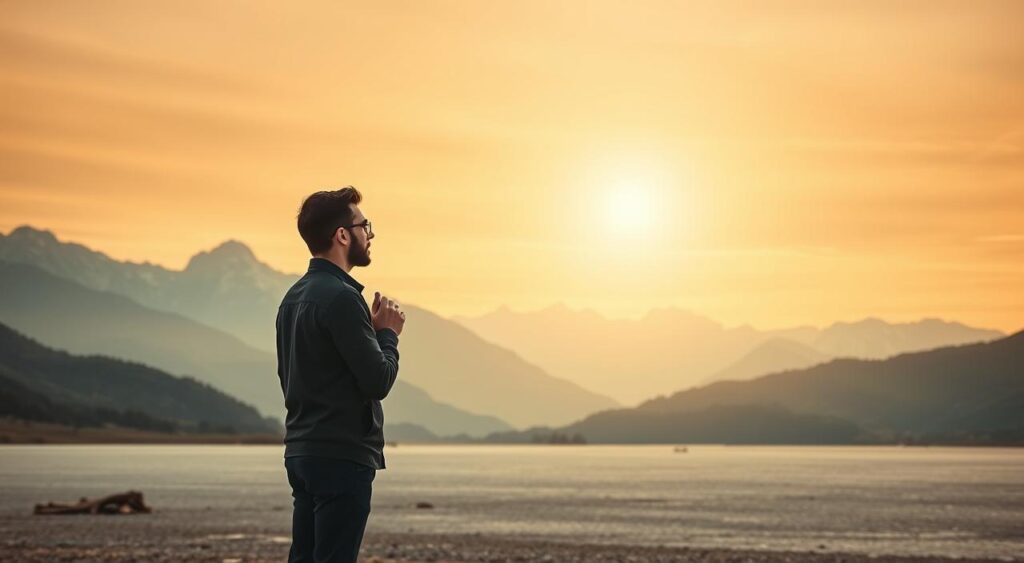 A serene, minimalist scene depicting the concept of "Planning for the Future". In the foreground, a person in thoughtful contemplation, hands clasped, gazing into the distance. The middle ground features a majestic mountain range, symbolic of the challenges and obstacles to overcome. In the background, a warm, golden sky, bathed in a soft, diffused light, representing the promise of a brighter tomorrow. The overall atmosphere is one of tranquility, focus, and a sense of hopeful anticipation. Captured through a wide-angle lens, the composition emphasizes the harmony between the individual and their surroundings, conveying the idea of strategic planning and purposeful preparation for what lies ahead.