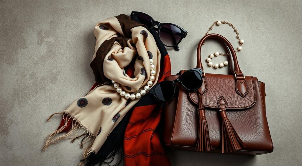 A stylishly disheveled arrangement of women's accessories, including a silk scarf, pearl necklace, oversized sunglasses, and a handbag with a tassel detail, set against a muted, textured background, capturing the essence of the "wayward woman" theme. The lighting is soft and diffused, creating a pensive, introspective mood. The composition is balanced, with the accessories strategically placed to draw the viewer's eye and convey a sense of understated elegance tinged with a hint of rebellion.