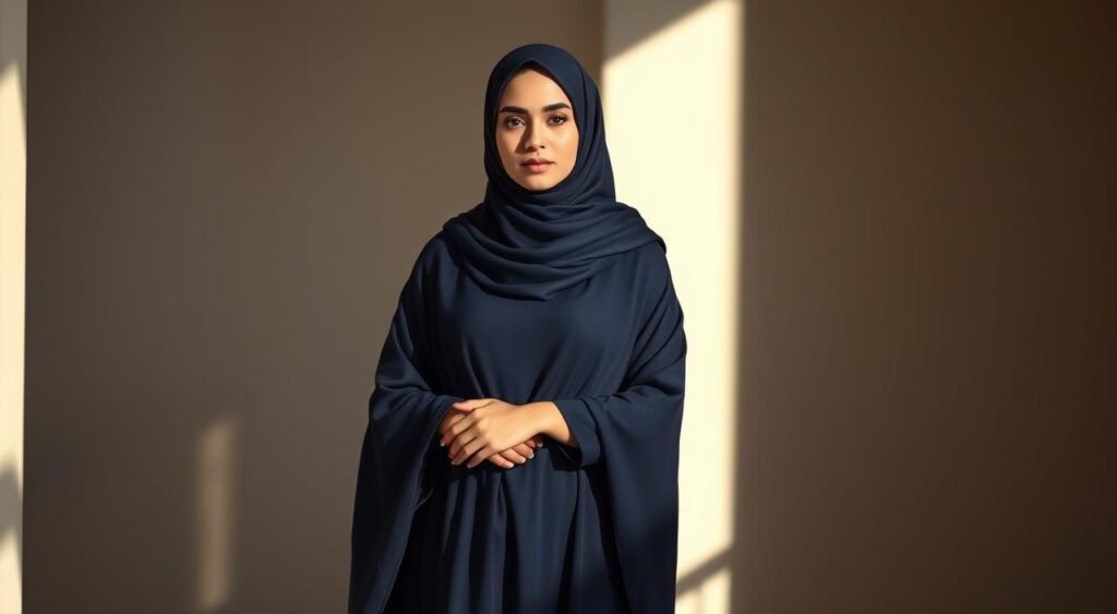 A stylishly modest Middle Eastern woman stands in a modest yet fashionable pose, wearing a flowing abaya in shades of indigo and charcoal. The light casts gentle shadows, highlighting the elegant lines and drapes of her garment. Her expression is serene, conveying a sense of inner calm and spiritual focus. The background is softly blurred, leaving the viewer's attention firmly on the woman's poised and dignified presence. The overall tone is one of quiet sophistication and devotion, reflecting the essence of a virtuous and devout Muslim woman.