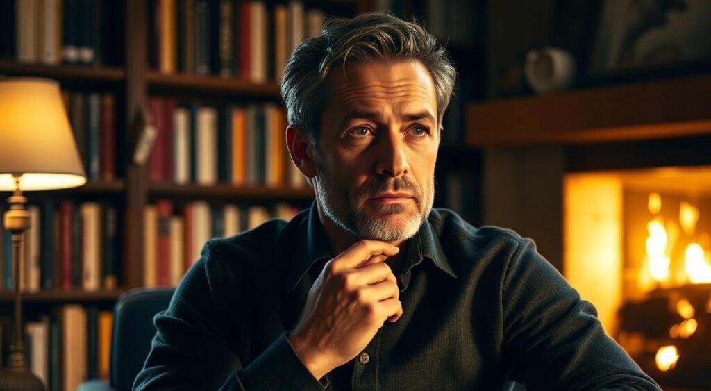 A thoughtful man sitting in a cozy study, his expression one of deep contemplation as he considers the emotional needs of his partner. Soft, warm lighting illuminates his face, casting a pensive glow. In the background, bookshelves and a crackling fireplace create an atmosphere of introspection and understanding. The composition is balanced, with the man's posture and gaze directing the viewer's attention to the importance of comprehending a partner's desires and concerns. The overall mood is one of empathy, wisdom, and a genuine desire to connect on a deeper level.