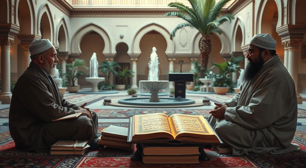 A traditional Islamic study setting with two Islamic scholars engaged in a deep discussion on the concept of "al-Qiwamah" (male authority and leadership) in Islamic jurisprudence. The foreground shows the two scholars, dressed in traditional robes, sitting cross-legged on ornate prayer rugs, surrounded by a stack of Islamic texts and scrolls. The middle ground features a beautifully illuminated Islamic manuscript open on a lectern, casting a warm glow across the scene. The background depicts a serene Middle Eastern courtyard, with ornate archways, flowing fountains, and lush greenery, creating a contemplative and scholarly atmosphere. The lighting is soft and indirect, evoking a sense of timelessness and reverence for the deep intellectual discourse taking place.