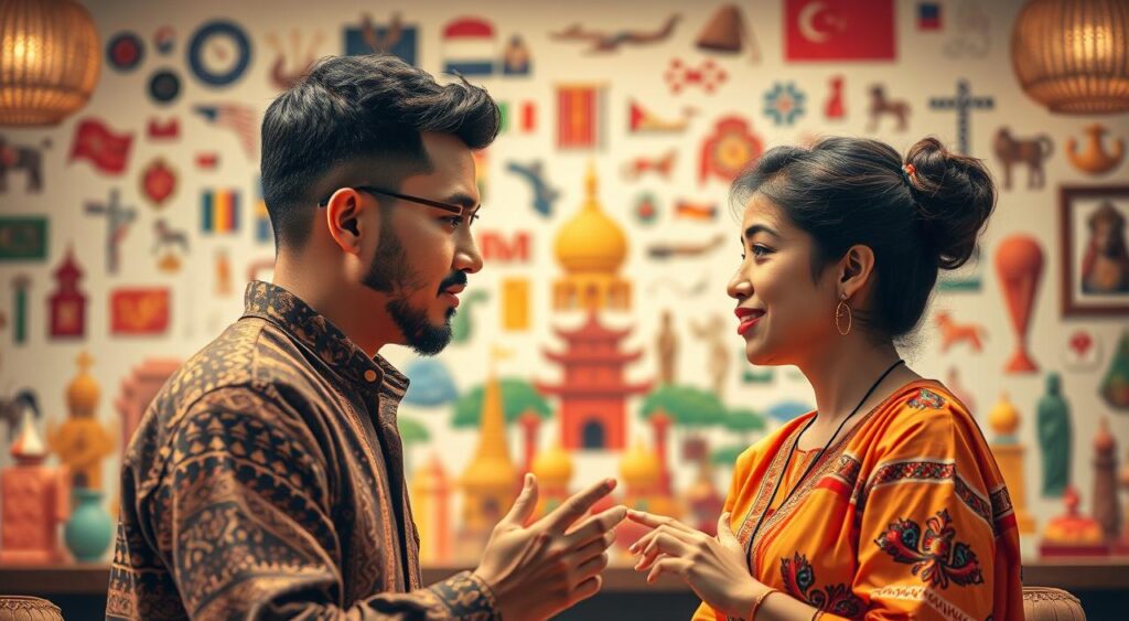 A vibrant cultural illustration of a "shit test" scenario, showcasing the nuanced differences in societal norms and interpersonal dynamics across diverse backgrounds. The foreground depicts two individuals engaged in a thoughtful discussion, their body language and facial expressions conveying the complexities of navigating cultural differences. The middle ground features a diverse array of cultural symbols, ranging from traditional attire to architectural elements, hinting at the broader context. The background is softly blurred, creating a sense of depth and emphasizing the focal point. The lighting is warm and inviting, evoking a contemplative mood, while the composition is balanced and visually appealing, guiding the viewer's attention to the central narrative.