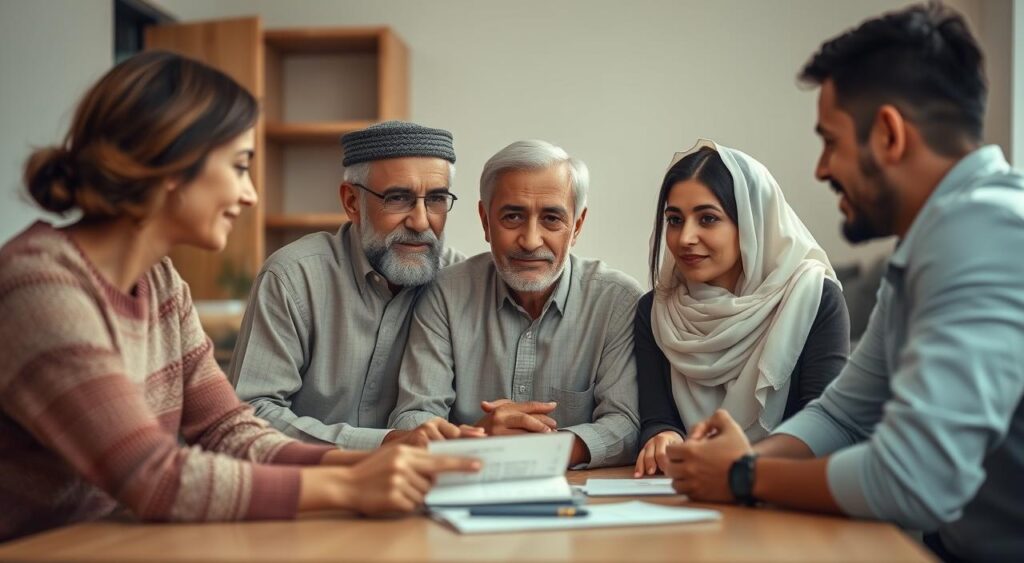 A warm, family-focused scene depicting an Arab family gathered around a table, engaged in a thoughtful discussion about financial matters. The center features an older father figure, with a caring, guiding expression, surrounded by his wife and adult children. They are seated in a simply furnished but cozy living room, with soft, diffused lighting casting a gentle glow. The background is slightly blurred, creating a sense of intimacy and focused attention on the family's interaction. The overall atmosphere conveys an earnest, open dialogue about responsible money management and the importance of financial awareness within the household.