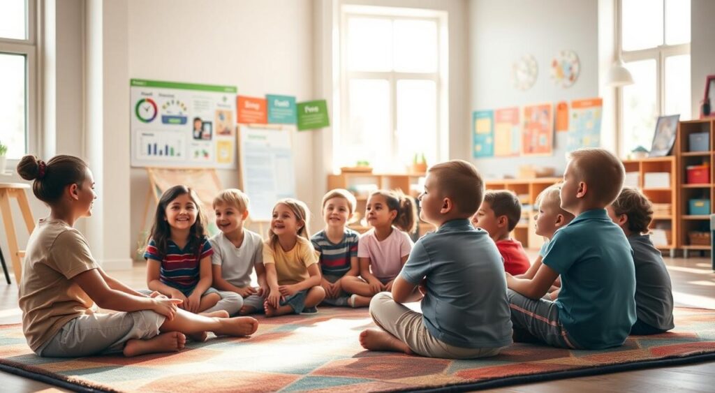 A warm, sun-dappled classroom setting. In the foreground, a group of attentive children sit cross-legged on a colorful rug, their faces alight with curiosity as a kind teacher guides them through concepts of saving, budgeting, and the value of money. Soft, natural lighting filters in through large windows, creating a nurturing, educational atmosphere. In the middle ground, interactive visuals and engaging educational tools adorn the walls, reinforcing the financial lessons. The background depicts a cozy, welcoming school environment, with bookshelves, learning materials, and a sense of community. The overall scene conveys the importance of instilling financial literacy in young minds, fostering responsibility and a secure future.