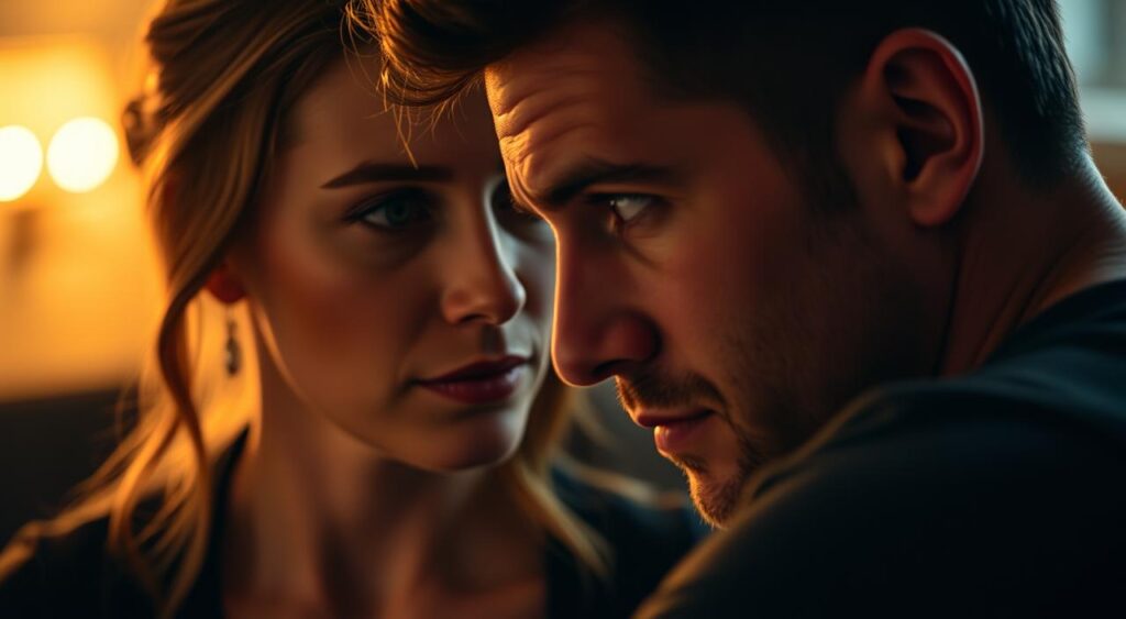 A woman gazing intently at a man, her eyes conveying a deep understanding of his emotions. The scene is bathed in warm, soft lighting, creating an intimate, introspective atmosphere. In the foreground, the woman's expression is one of empathy and concern, as she carefully navigates the complexities of the man's inner world. The middle ground features the man, his body language and facial features revealing a vulnerable, contemplative state. The background is blurred, allowing the focus to remain on the profound, emotional connection between the two individuals. The image captures the essence of using emotional intelligence to comprehend the male psyche.
